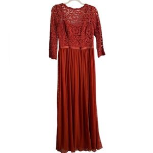 David's Bridal floor length burnt orange lace overlay dress with side slit sz 8